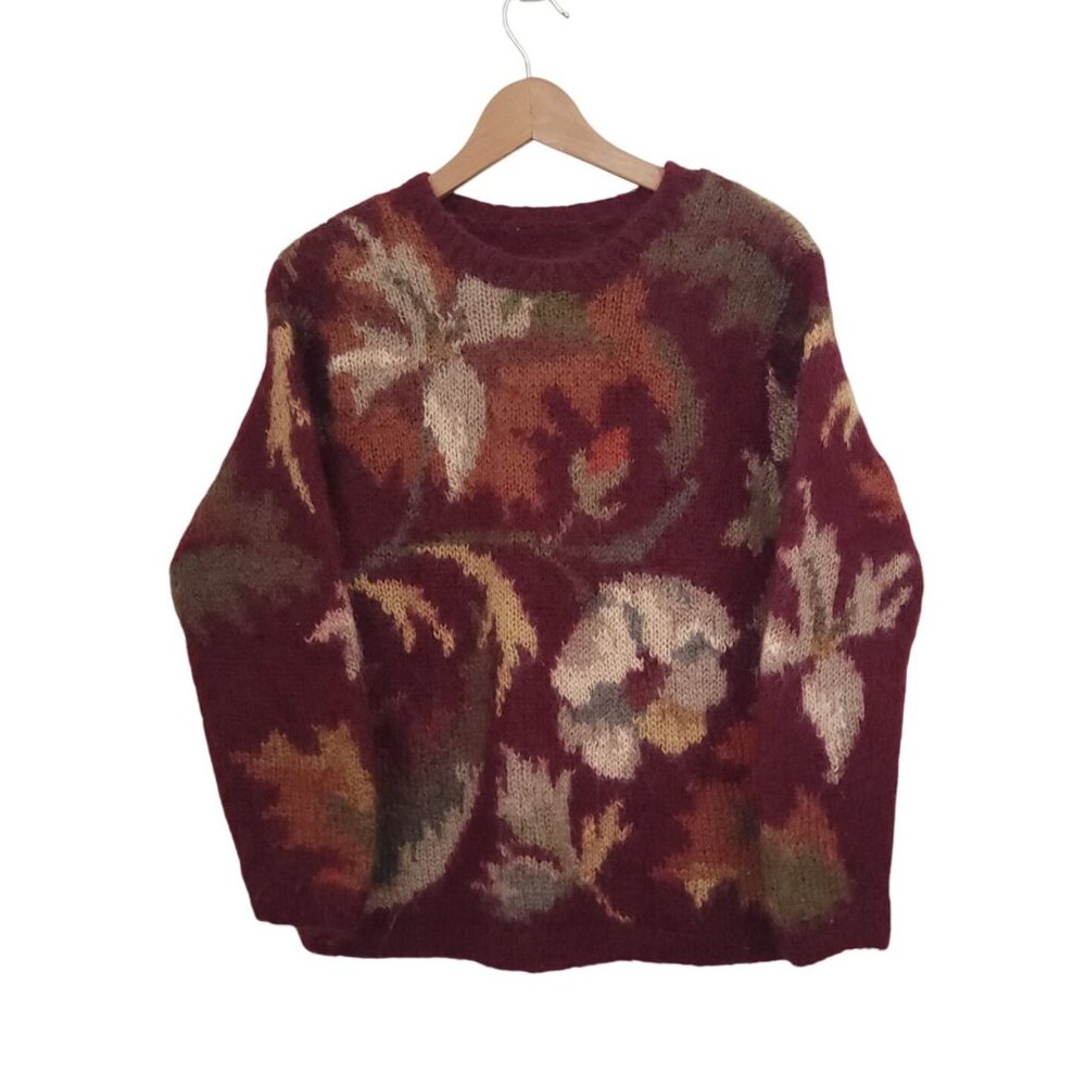 Vintage Talbots Hand Knit Maroon Floral Pullover Sweater Mohair Blend Sz S